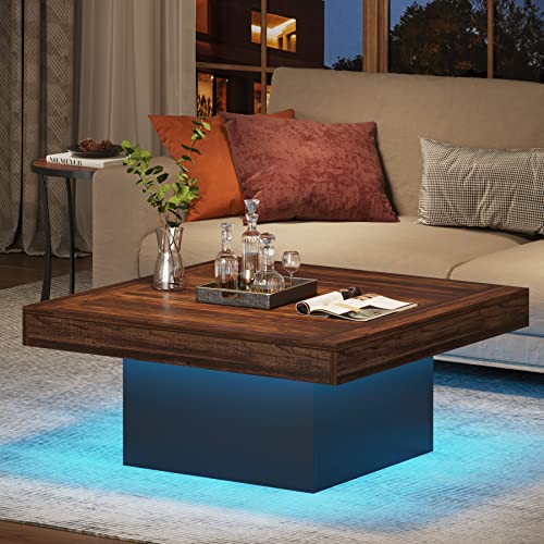 Tribesigns Farmhouse Coffee Table Square LED Coffee Table Engineered Wood Coffee Table for Living Room Rustic Brown & Black Low Coffee Table