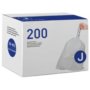 code j 200 count drawstring trash bags compatible with code j | 1.2 mil | white garbage can liners 10-10.5 gallon / 38-40 liter heavy duty plastic trash bags
