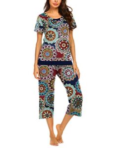ekouer womens pajama set summer sleepwear tops with capri pants set comfy casual prints pj sets