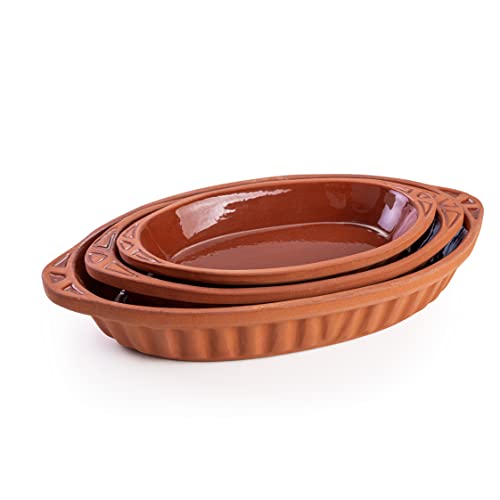 Luksyol Terracotta Oval Oven Tray (WH) With Handles, Pan for Mexican Indian Korean Dishes, Handmade Cookware, Glazed Clay Pot For Oven, Clay Pot For Cooking, Clay Pan For Cooking, Brown Oven Pot Set 3 Pcs