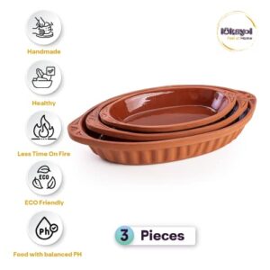 Luksyol Terracotta Oval Oven Tray (WH) With Handles, Pan for Mexican Indian Korean Dishes, Handmade Cookware, Glazed Clay Pot For Oven, Clay Pot For Cooking, Clay Pan For Cooking, Brown Oven Pot Set 3 Pcs