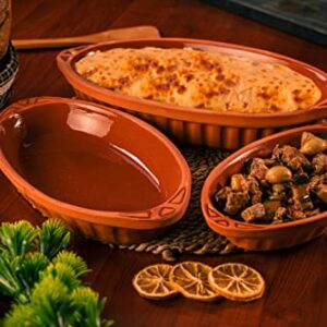 Luksyol Terracotta Oval Oven Tray (WH) With Handles, Pan for Mexican Indian Korean Dishes, Handmade Cookware, Glazed Clay Pot For Oven, Clay Pot For Cooking, Clay Pan For Cooking, Brown Oven Pot Set 3 Pcs