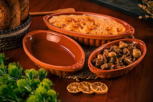 Luksyol Terracotta Oval Oven Tray (WH) With Handles, Pan for Mexican Indian Korean Dishes, Handmade Cookware, Glazed Clay Pot For Oven, Clay Pot For Cooking, Clay Pan For Cooking, Brown Oven Pot Set 3 Pcs