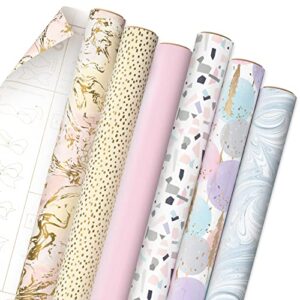 hallmark pastel wrapping paper bundle with cutlines on reverse (6 rolls: 130 square feet total) pink, gold, blue for birthdays, weddings, bridal showers, baby showers and more