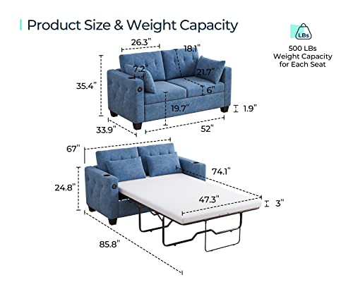 LINSY HOME Pull Out Sofa Bed, 2-in-1 Convertible Sleeper Couch with Memory Foam Mattress, Two Seat Loveseat Sleeper Sofa Bed for Living Room, Blue, Full Size