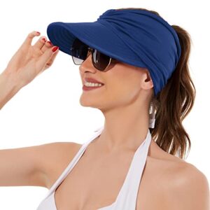 sun hats for women wide brim summer hat with uv protection beach sport golf sun visor cap with ponytail hole navy