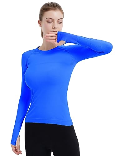 MathCat Workout Shirts for Women,Long Sleeve Athletic Shirt Women Seamless Workout Tops for Women, Yoga Compression Shirt Lakeblue
