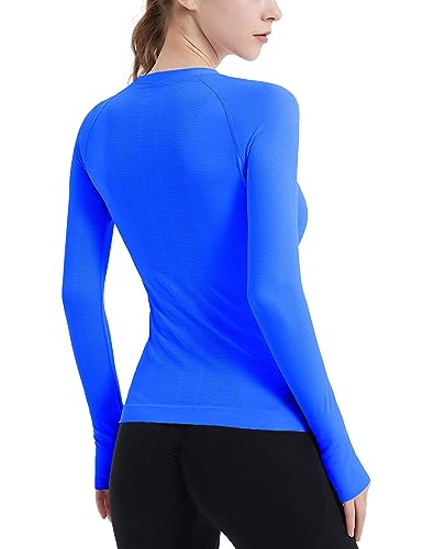 MathCat Workout Shirts for Women,Long Sleeve Athletic Shirt Women Seamless Workout Tops for Women, Yoga Compression Shirt Lakeblue