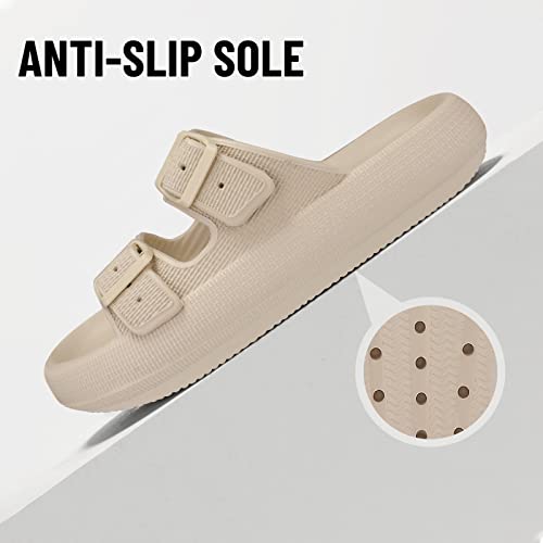 Beslip Cloud Sides for Women with Adjustable Buckles Soft Pillow Sandals Slipper Shower Shoes,Khiki Women Size 12