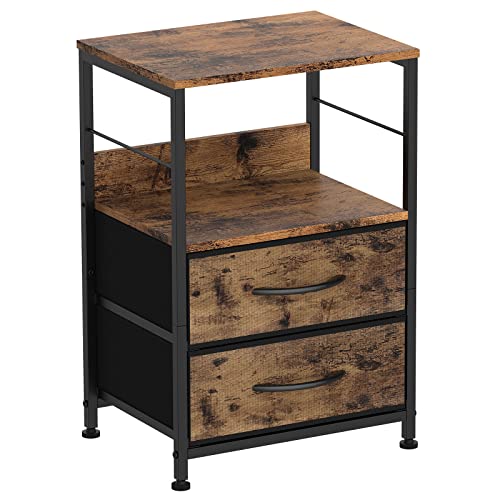 YBING Nightstand Bedroom End Table with 2 Drawers and Open Shelf Wood Industrial Bedside Table with Fabric Storage for Bedroom Living Room Sturdy Dorm Brown