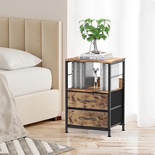 YBING Nightstand Bedroom End Table with 2 Drawers and Open Shelf Wood Industrial Bedside Table with Fabric Storage for Bedroom Living Room Sturdy Dorm Brown