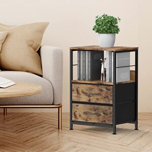 YBING Nightstand Bedroom End Table with 2 Drawers and Open Shelf Wood Industrial Bedside Table with Fabric Storage for Bedroom Living Room Sturdy Dorm Brown