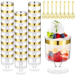 200 pcs mini dessert cups with spoons include 100 pcs 5 oz disposable plastic mousse cups with gold rim 100 pcs gold tasting spoons clear plastic parfait glasses dessert bowls for wedding party