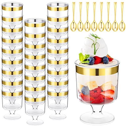 200 Pcs Mini Dessert Cups with Spoons Include 100 Pcs 5 oz Disposable Plastic Mousse Cups with Gold Rim 100 Pcs Gold Tasting Spoons Clear Plastic Parfait Glasses Dessert Bowls for Wedding Party