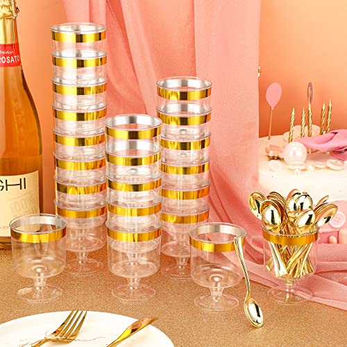 200 Pcs Mini Dessert Cups with Spoons Include 100 Pcs 5 oz Disposable Plastic Mousse Cups with Gold Rim 100 Pcs Gold Tasting Spoons Clear Plastic Parfait Glasses Dessert Bowls for Wedding Party