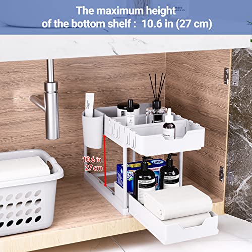 Puricon 2 Pack Under Sink Organizers and Storage 2-Tier Double Sliding Pull-Out Drawer, Under The Sink Organizer Kitchen Multi-Purpose Under Bathroom Sink Shelf Storage Rack for Cabinet -White