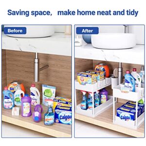 Puricon 2 Pack Under Sink Organizers and Storage 2-Tier Double Sliding Pull-Out Drawer, Under The Sink Organizer Kitchen Multi-Purpose Under Bathroom Sink Shelf Storage Rack for Cabinet -White