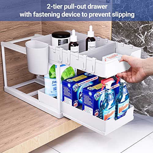 Puricon 2 Pack Under Sink Organizers and Storage 2-Tier Double Sliding Pull-Out Drawer, Under The Sink Organizer Kitchen Multi-Purpose Under Bathroom Sink Shelf Storage Rack for Cabinet -White