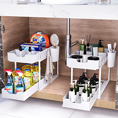 Puricon 2 Pack Under Sink Organizers and Storage 2-Tier Double Sliding Pull-Out Drawer, Under The Sink Organizer Kitchen Multi-Purpose Under Bathroom Sink Shelf Storage Rack for Cabinet -White