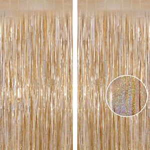 champagne tinsel foil fringe curtain backdrop, 2 pack metallic glitter curtains party decorations streamers, xmas champagne backdrop for birthday wedding bridal shower homecoming new year