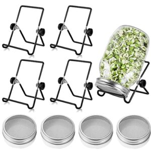 homaisson 4 packs sprouting jar lids sprouting stand, stainless steel mason sprouting jar lids with 4 jar stands, 3.39inch breathable wide-mouth sprouting jar lids for 3.39inch mason jars, grow bean sprouts, broccoli seeds, alfalfa,