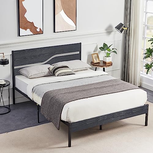 VECELO Full Size Platform Bed Frame with Wood Headboard, Strong Metal Slats Support Mattress Foundation, No Box Spring Needed