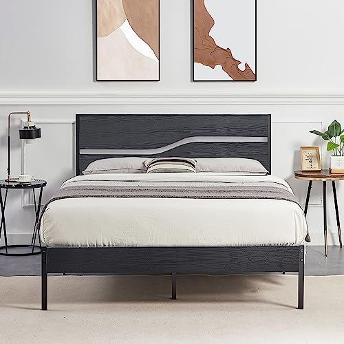 VECELO Full Size Platform Bed Frame with Wood Headboard, Strong Metal Slats Support Mattress Foundation, No Box Spring Needed