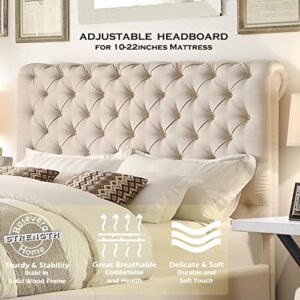 Rosevera Atherine Upholstered Bed Frame/Fabric Upholstered Bed Frame with Adjustable Headboard/Chesterfield-Styled/Rolled Head/Wood Slat Support/Easy Assembly,King,Natural Beige