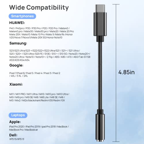 USB C to 3.5mm Headphone Jack Adapter,Type C to Earbuds Earphones HiFi 32Bit/384KHz Aux Audio Adapter Compatible with Samsung Galaxy A53 A33 S23 S22 S21,Pixel 7/6,Black