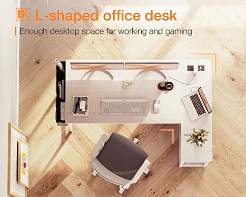 ODK 48 Inch Small L Shaped Gaming White Computer Desk with Power Outlets, Corner Desk with Reversible Storage Shelves & PC Stand for Small Space Home Office, Modern Simple Writing Table, White