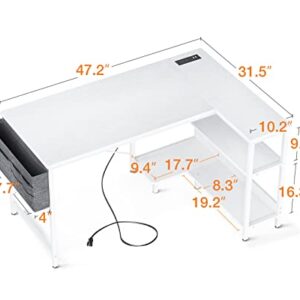 ODK 48 Inch Small L Shaped Gaming White Computer Desk with Power Outlets, Corner Desk with Reversible Storage Shelves & PC Stand for Small Space Home Office, Modern Simple Writing Table, White