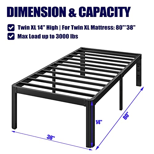 Hunlostten 14in Twin XL Heavy Duty Bed Frame No Box Spring Needed, Tall Metal Twin XL Platform Bed Frame with Round Corners, Easy Assembly, Noise Free, Black