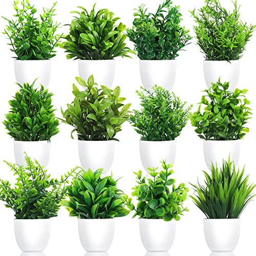 XunYee Small Fake Plants Mini Faux Plants for Office Desk Potted Artificial Plants Flowers Indoor Plastic Plant Decor Aesthetic Greenery Desk Plant for Home Bathroom (White Pot, Greenery, 12 Pack)