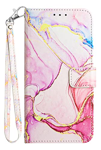 NVWA Compatible with Oppo Reno7 4G / F21 Pro Case with Card Holder Marble Leather Wallet Flip Cases Cover for Women Rose Gold with Hand Strap