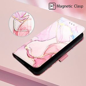 NVWA Compatible with Oppo Reno7 4G / F21 Pro Case with Card Holder Marble Leather Wallet Flip Cases Cover for Women Rose Gold with Hand Strap