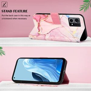 NVWA Compatible with Oppo Reno7 4G / F21 Pro Case with Card Holder Marble Leather Wallet Flip Cases Cover for Women Rose Gold with Hand Strap