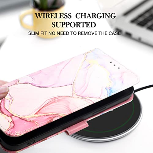 NVWA Compatible with Oppo Reno7 4G / F21 Pro Case with Card Holder Marble Leather Wallet Flip Cases Cover for Women Rose Gold with Hand Strap