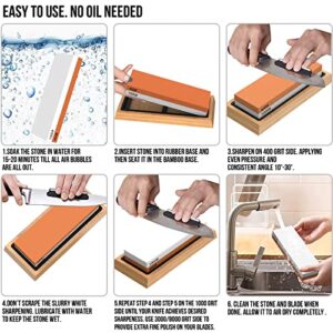 Knife Sharpening Stone Set - XINLINE 4 Side Grit 400/1000 3000/8000 Whetstone Sharpener Stone Kit, Premium kitchen Knife Sharpener, Bamboo Base, Flattening Stone, Angle Guide and Cut Resistant Gloves