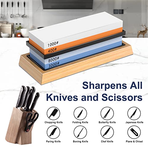 Knife Sharpening Stone Set - XINLINE 4 Side Grit 400/1000 3000/8000 Whetstone Sharpener Stone Kit, Premium kitchen Knife Sharpener, Bamboo Base, Flattening Stone, Angle Guide and Cut Resistant Gloves