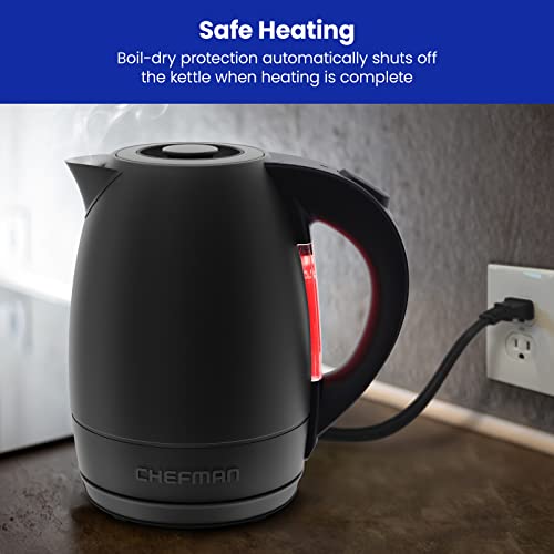 Chefman Electric Kettle, 1.8 Liter Stainless Steel Electric Tea Kettle Water Boiler with Automatic Shutoff, LED Lights, Boil-Dry Protection, Hot Water Electric Kettles for Boiling Water, Black