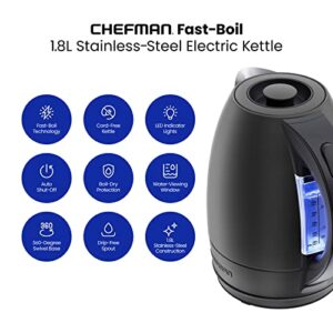 Chefman Electric Kettle, 1.8 Liter Stainless Steel Electric Tea Kettle Water Boiler with Automatic Shutoff, LED Lights, Boil-Dry Protection, Hot Water Electric Kettles for Boiling Water, Black