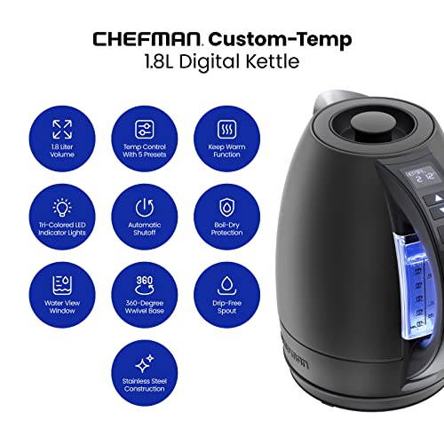 Chefman Electric Tea Kettle, 1.8 Liter Hot Water Electric Kettle Temperature Control Water Boiler with 5 Presets, Tri-Colored LED Lights, Keep Warm, Automatic Shutoff, Black