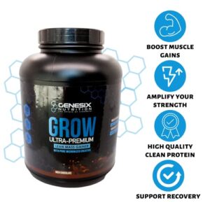 GENESIX NUTRITION Grow Protein Powder Dietary Supplement Supporting Muscle Growth & Recovery | Pure Micronized Creatine Ultra-Premium Lean Mass Gainer | Chocolate | 20 Servings 5.3kg