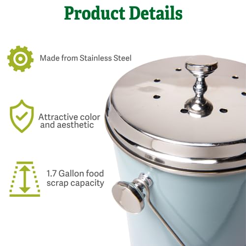 Gardener's Supply Company Large Stainless Steel Compost Pail | Stylish Kitchen Countertop Metal Compost Crock with Lid and Handle for Organic Composting | Holds 1.7 Gallon of Food Scraps