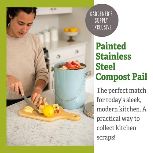Gardener's Supply Company Large Stainless Steel Compost Pail | Stylish Kitchen Countertop Metal Compost Crock with Lid and Handle for Organic Composting | Holds 1.7 Gallon of Food Scraps