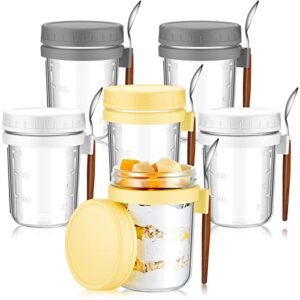 set of 6 overnight oats containers with lids and spoons 12 oz overnight oats jars glass oatmeal mason jars cereal cup airtight jars with measurement marks for yogurt milk (gray, white, light yellow)