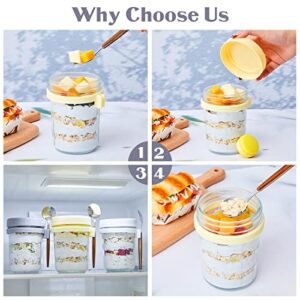 Set of 6 Overnight Oats Containers with Lids and Spoons 12 oz Overnight Oats Jars Glass Oatmeal Mason Jars Cereal Cup Airtight Jars with Measurement Marks for Yogurt Milk (Gray, White, Light Yellow)