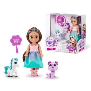 sparkle girlz princess doll and pet set (blue dress & dog set) by zuru 2 pets, hair styling for kids, dog, unicorn, nurture toys for girls, posable fashion doll, removable dress, gifts for girls 4-8