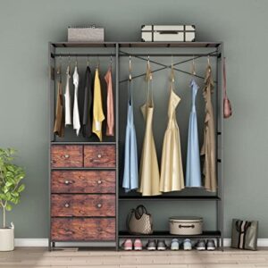 Auromie Clothes Rack with 5 Drawers & 4 Storage Shelves, 59.1W*70.9H Heavy Duty Clothing Rack with 2 Hanging Rods, Wardrobe Closet Organizer System with 5 Hooks, Freestanding Garment Rack (Rustic)