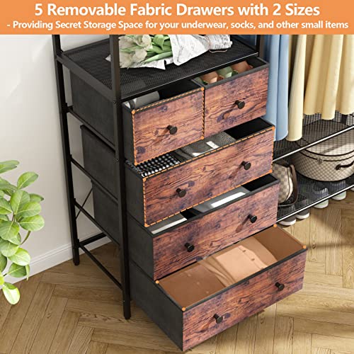 Auromie Clothes Rack with 5 Drawers & 4 Storage Shelves, 59.1W*70.9H Heavy Duty Clothing Rack with 2 Hanging Rods, Wardrobe Closet Organizer System with 5 Hooks, Freestanding Garment Rack (Rustic)